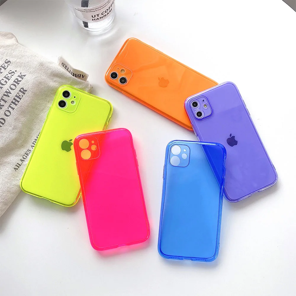 

HOCAYU Fluorescent Candy Color Neon Pink Phone Case For Iphone 11 12 Pro Max Xs Xr Se 2020 Etui, Rose red,green,purple,blue,orange