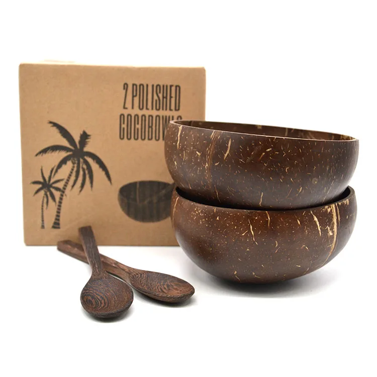 

High Quality Custom Engraved Logo Organic Coconut Shell Wooden Bowls Set With Spoon And Fork, Natural coconut shell color