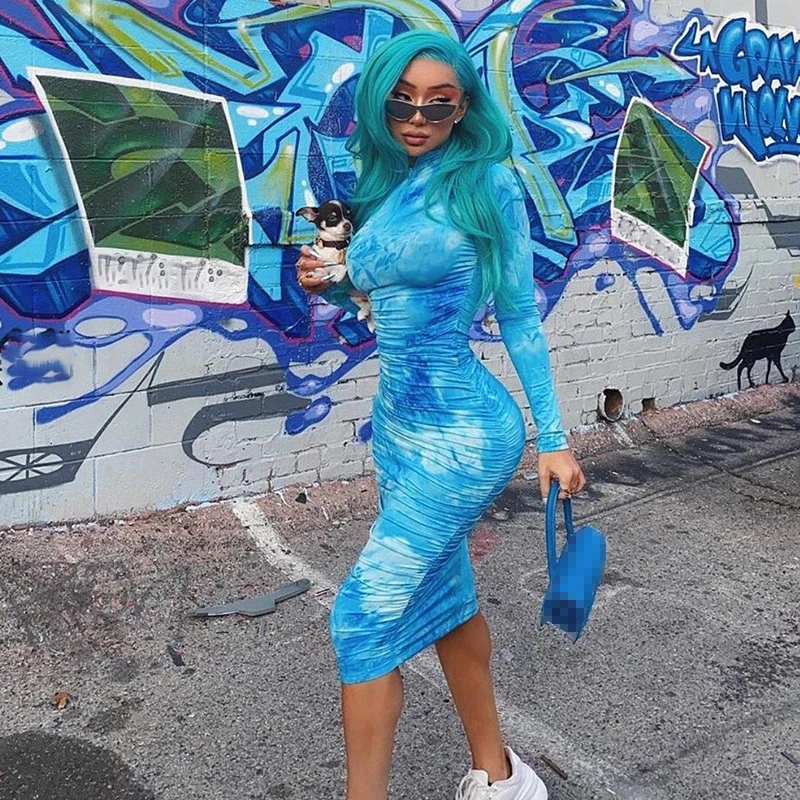 

Fashion Print Bodycon Woman Casual High Street Midi Zipper Slim Pleated Plus Size Dress for Women, Picture