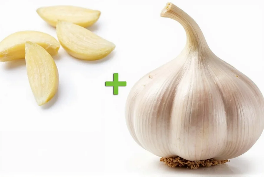 Close-up of garlic cloves next to measuring spoons showing minced garlic in tablespoon measurement