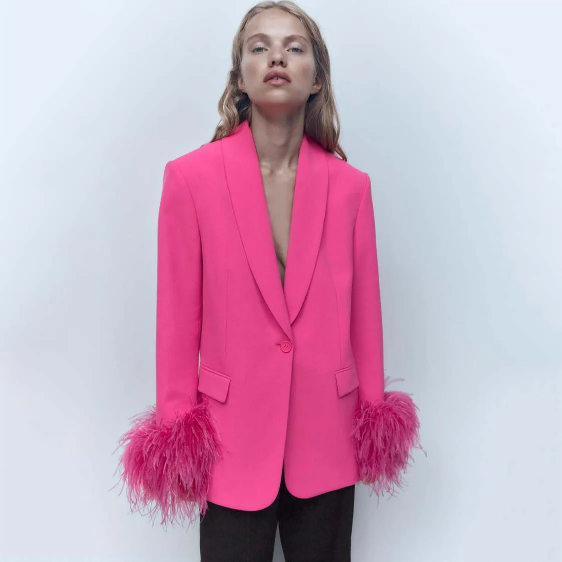 

New Fashion Two Piece Set Women Clothing sleeve feather Business Formal Ladies Suit blazer and pants set for women