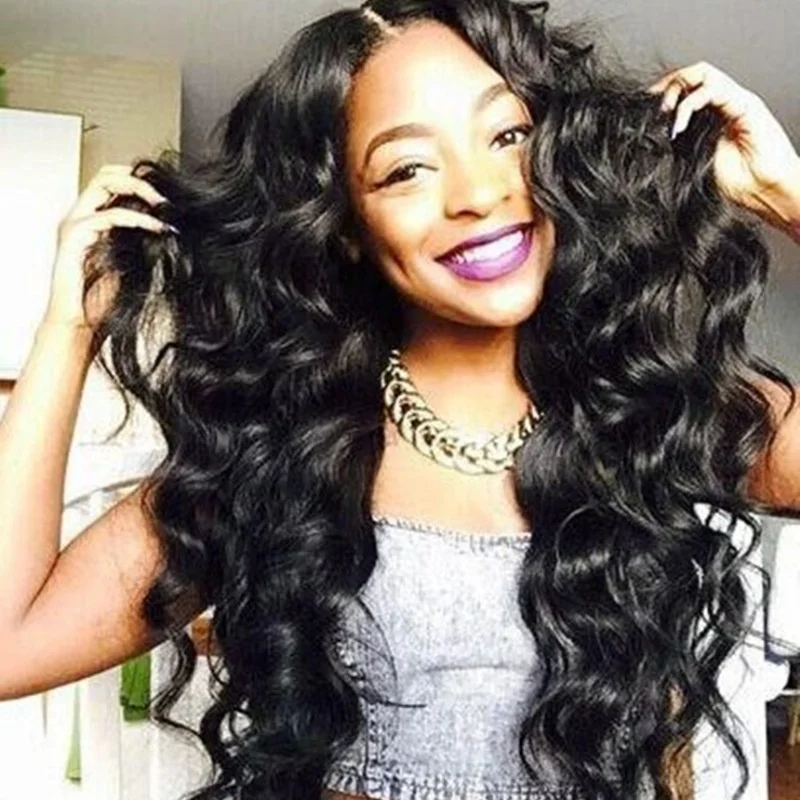

Wholesale Natural Black Color Loose Wavy Synthetic Wigs for Black Women, Pics