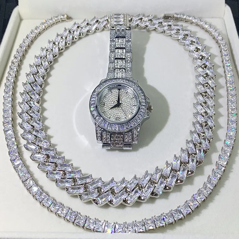 

FOXI jewelry 2022 Iced Out men Watch necklace set Bling Watch with Dial Bling Bling Hip Hop Watches set