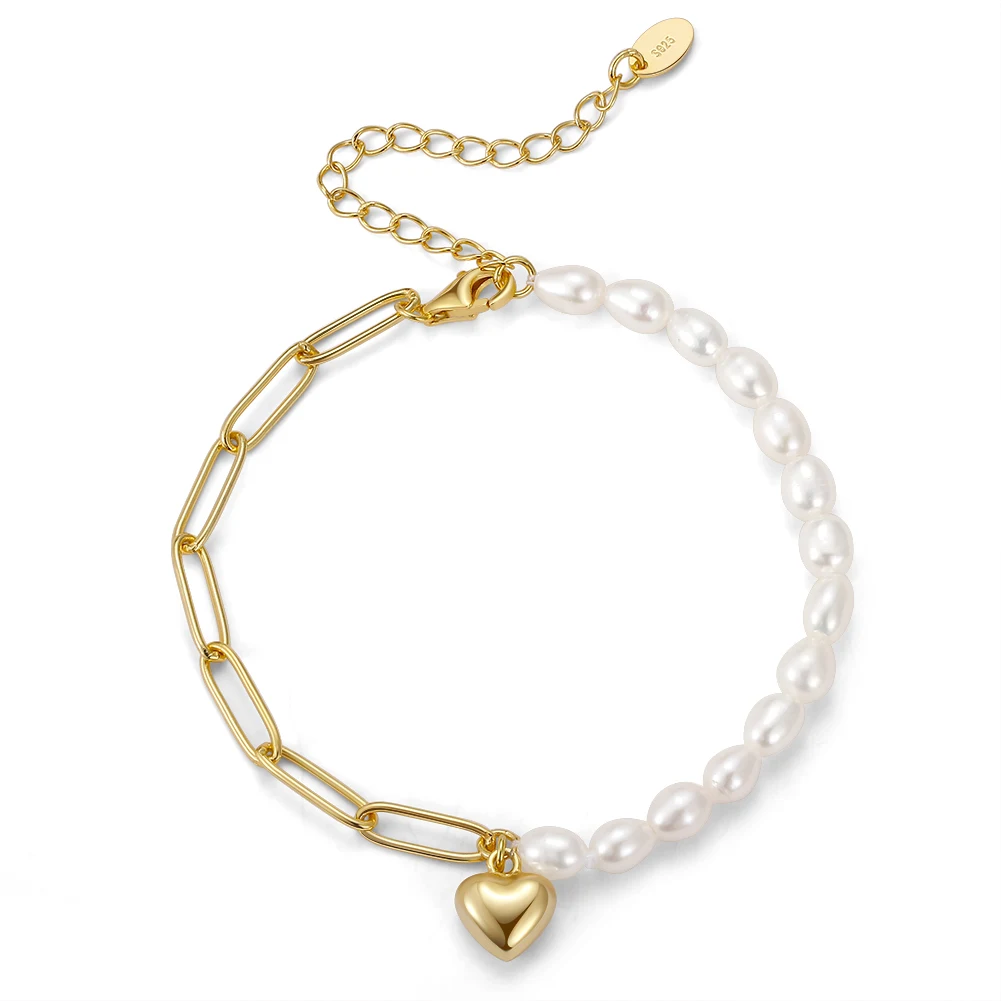 GPB17 Half Cultured Freshwater Pearl Half Paper Clip Chain Bracelet 925 Silver Fine Jewelry Heart Charms Bracelets for Women