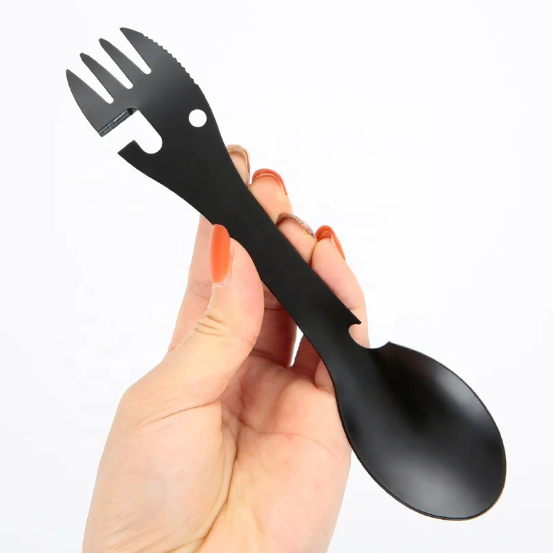 

Stainless Steel Camping Utensil Spork Knife Spoon Fork Bottle Can Opener 5 In 1 Multi Functional Flatware, Black