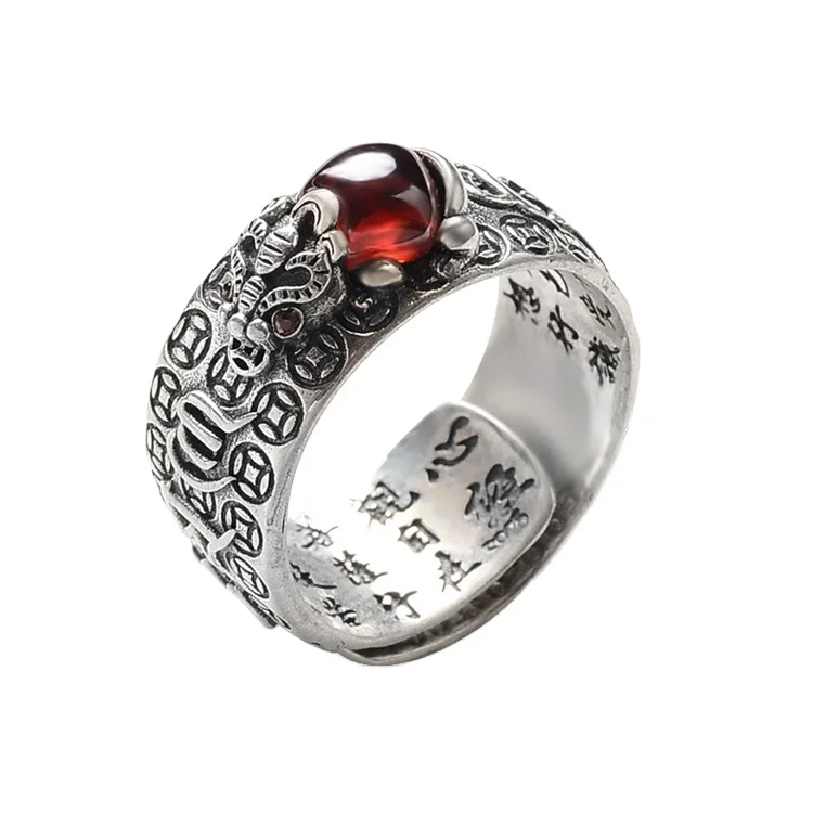 

Certified S925 Sterling Silver Transfer Pixiu Ring Men's Female Garnet Personality Trendy Men's Ring Open Index Finger Jewelry