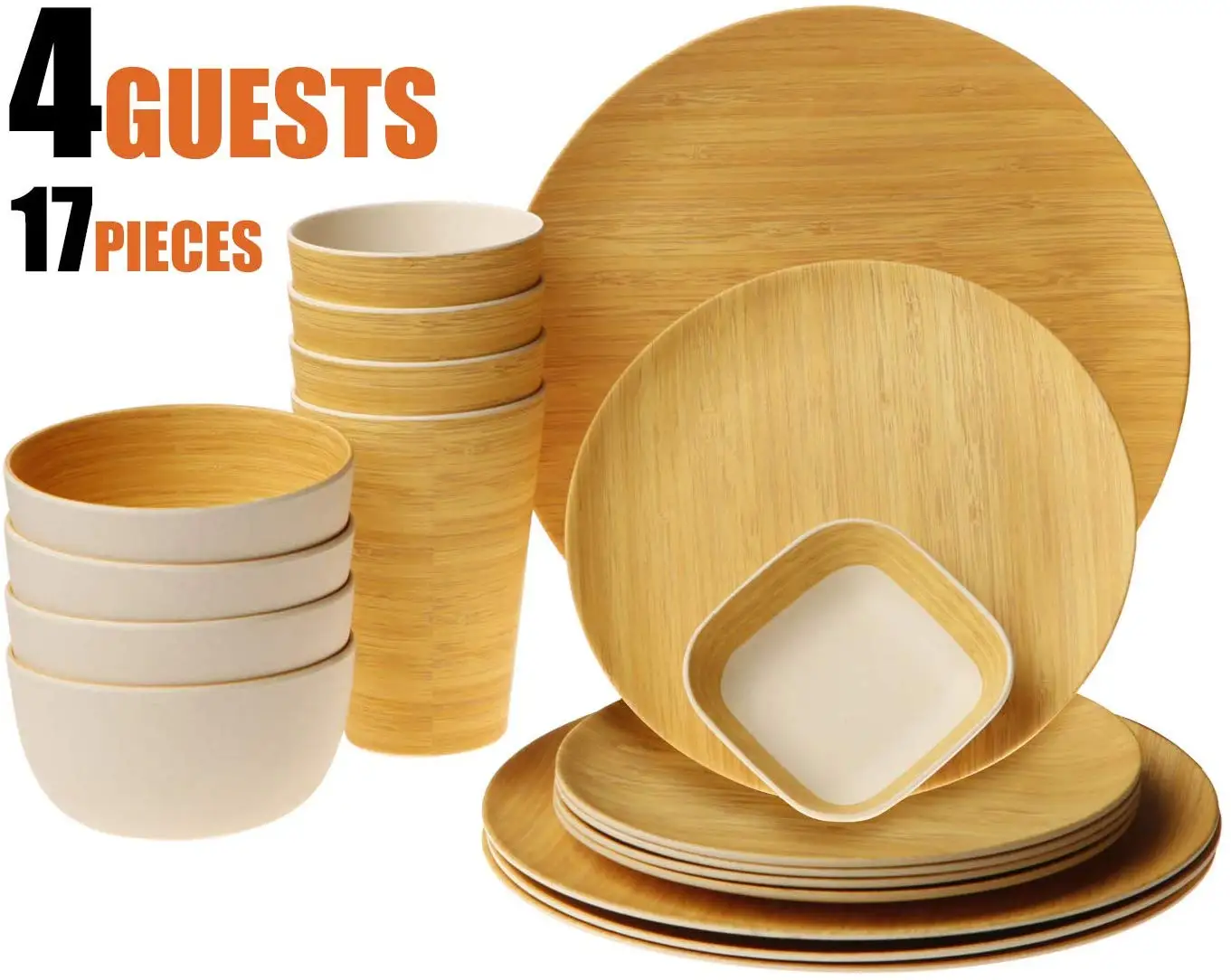 Reusable Bamboo Dinnerware Set For 4 Guest [17 Pieces] Bamboo Fiber