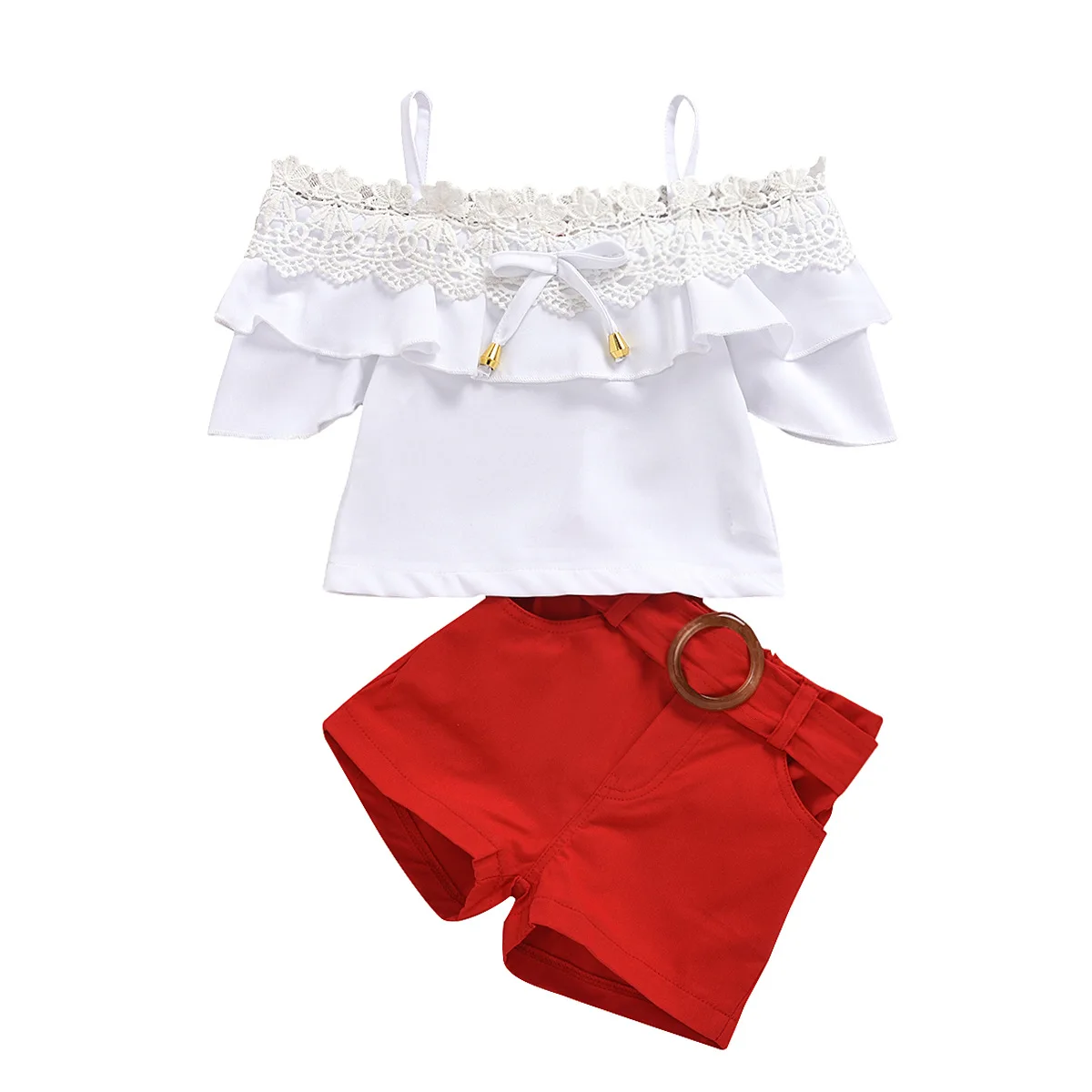 

Baby Girls Clothing Sets Summer Pure Color Lace Suspenders Tops Red Shorts With Red Belt Suit