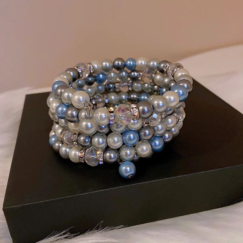 

Wholesale Gradual Change Color Crystal Pearl Beaded Bracelet Multilayered Blue Fresh Water Pearl Bracelet For Ladies Jewelry