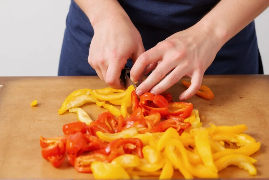 Chef's hands demonstrating proper technique for slicing bell peppers