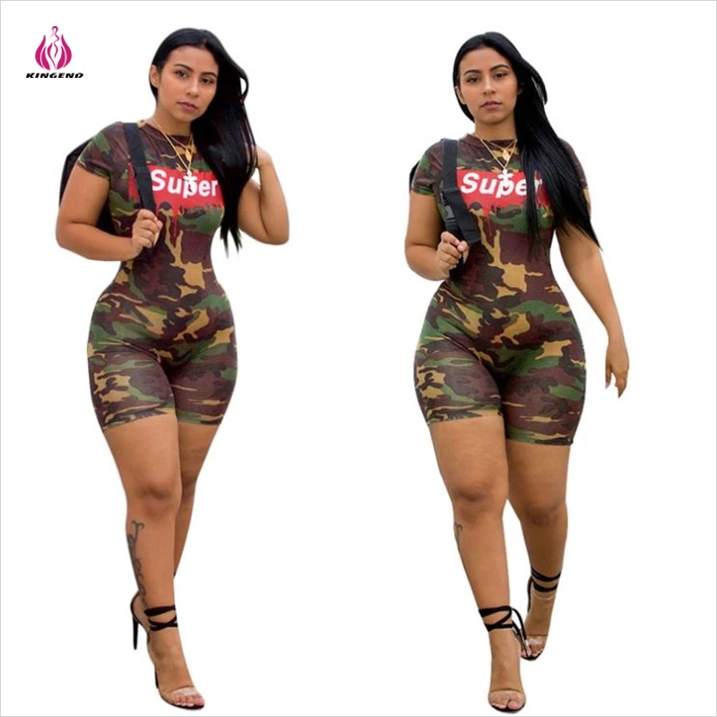 

K0587 Letter Printed Short Sleeve Tight Woman Casual Camouflage Jumpsuit