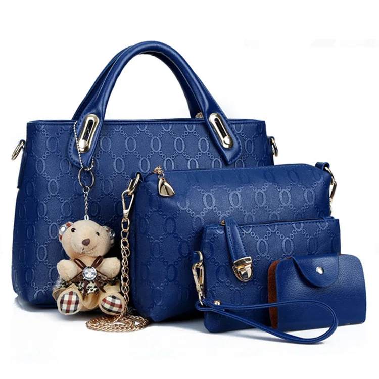 

2021 New Fashion Handbags Bear Pendant Trend Embossed 4 Piece Bag Lady Handbag Set Wholesale Custom Tote Bags With Logo, Yellow, wine red, purple, blue, black, dark brown