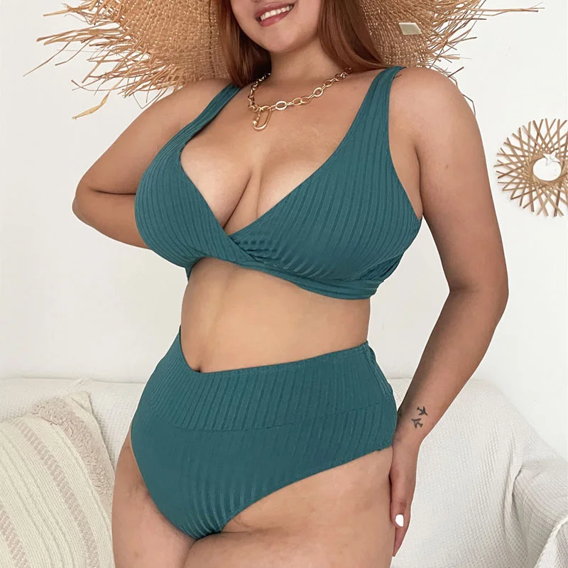 

Extra Plus Size Bathing Suits V Neck Two Pieces Swimsuit Blue Bikini Set For Curvy Women High Waist Swimwear For Women, Green