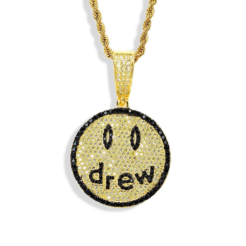 

2021 New Hip-hop Jewelry Brass Iced Out CZ Drew Smiling Face Pendant Necklace Gold Necklace For Men and Women