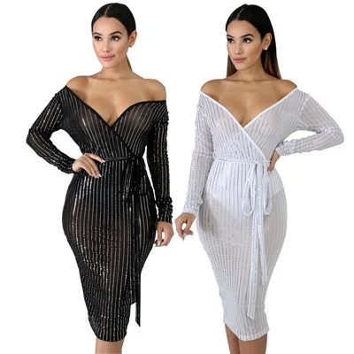 

Summer Mesh Dresses Women Hollow Out Sequins Long Sleeve Party See Through Wrap Mini Dress Club Y11484