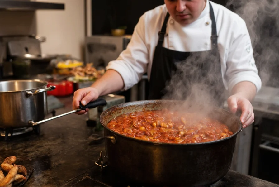 Professional chef adjusting heat under large pot of simmering chili with steam rising