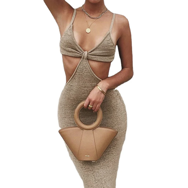 

2021 Women Strap Khaki Hollow Out Sexy Long Party Bodycon Dress Ladies V Neck Backless Night Club Cut Out Wrap Dress, Picture shows