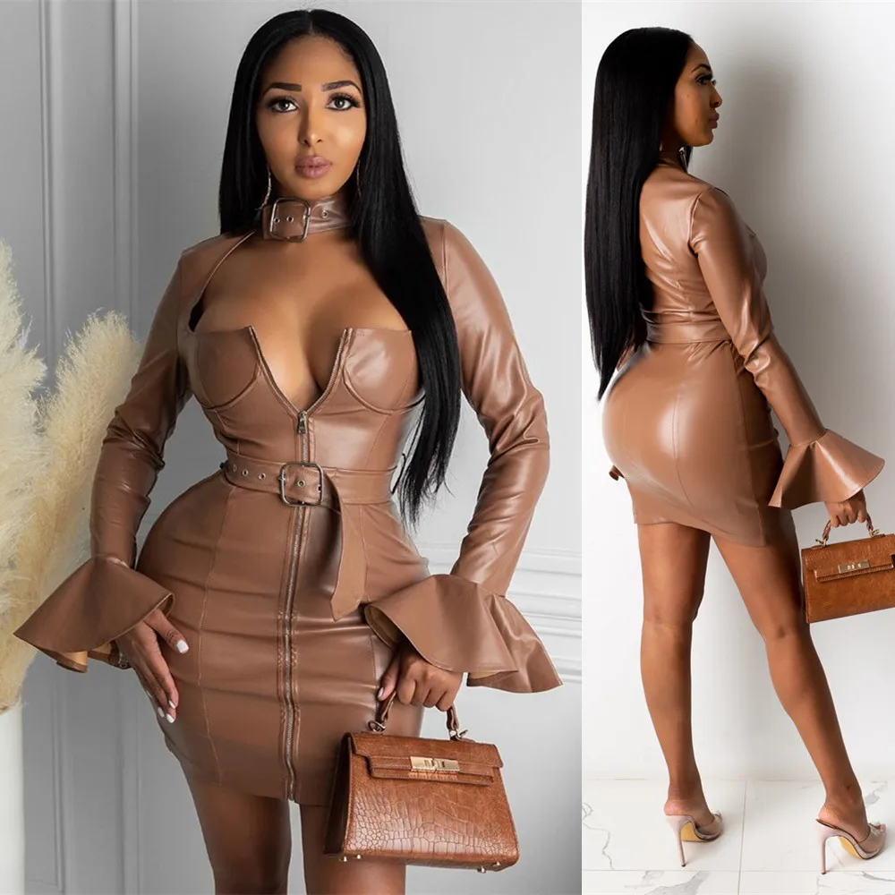 

Autumn and winter new slim low-cut sexy fashion leather skirt for women