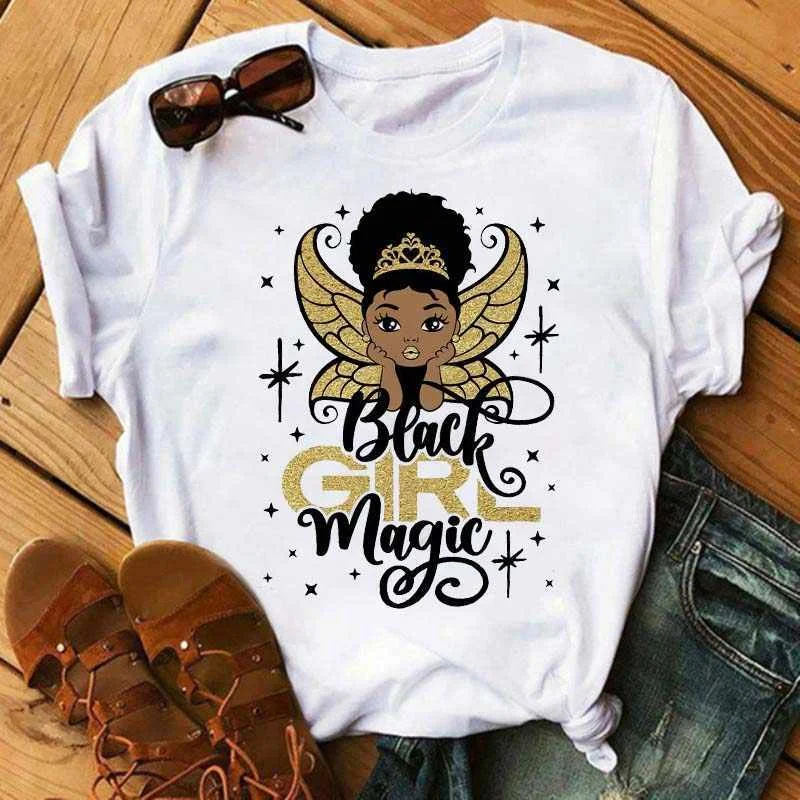 

Maycaur New Kawaii T Shirt Vogue T Shirt Women Black Curly Hair Girl Printed Tshirt Femme Harajuku Clothes Female T-shirt Tops, White