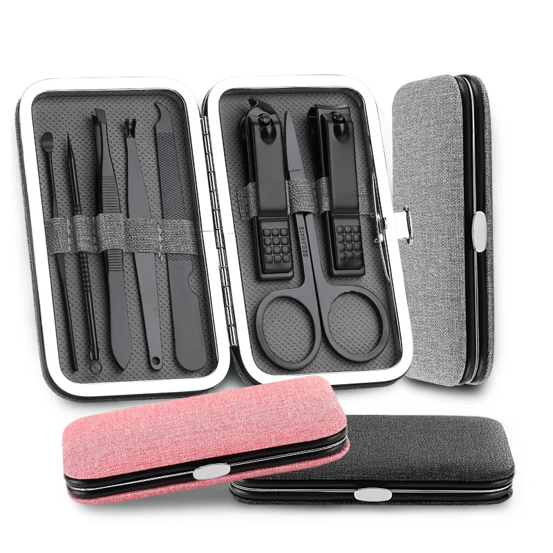 8Pcs/Set Stainless Steel Black Pedicure Scissor Tweezer Manicure Set Kit Nail Art Tools Multifunction Nail Clippers Set .jpg