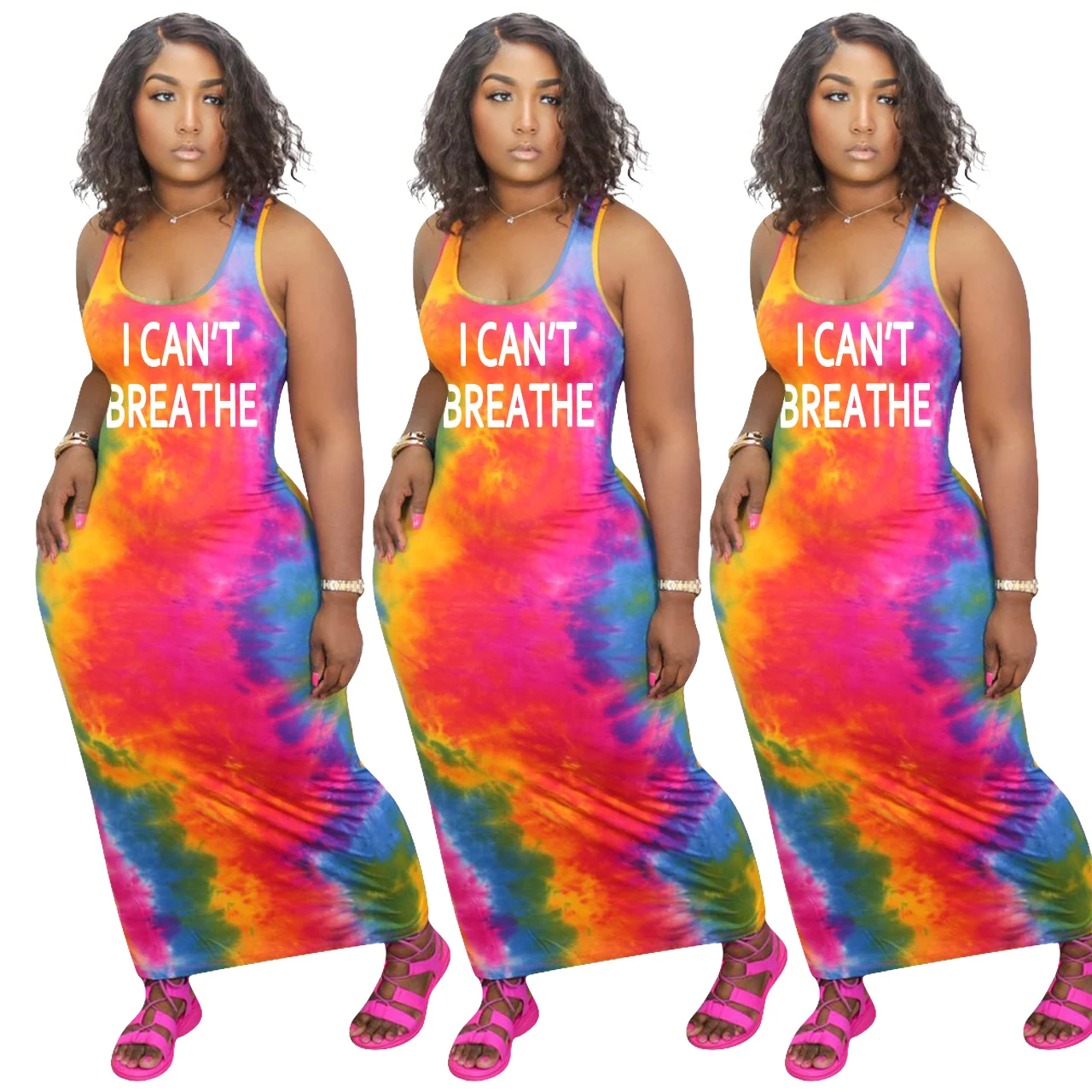 

Hot Selling Fashion Tie Dye Women Sleeveless Letter Print Tank Dress Lady Elegant Summer Casual Maxi Dress, As picture