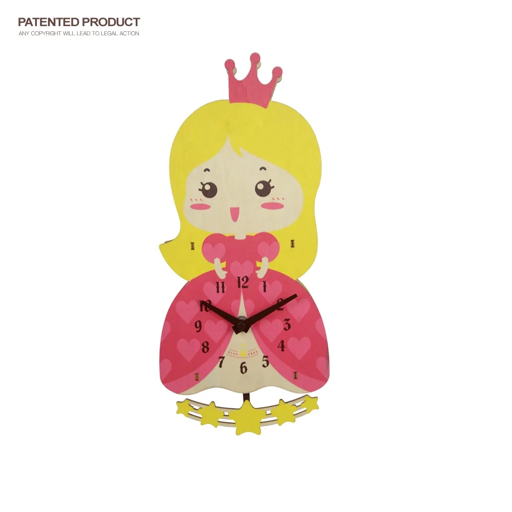 

DIY Wooden Cartoon Pendulum Princess wall clock for kids bedroom, Customers' requirement