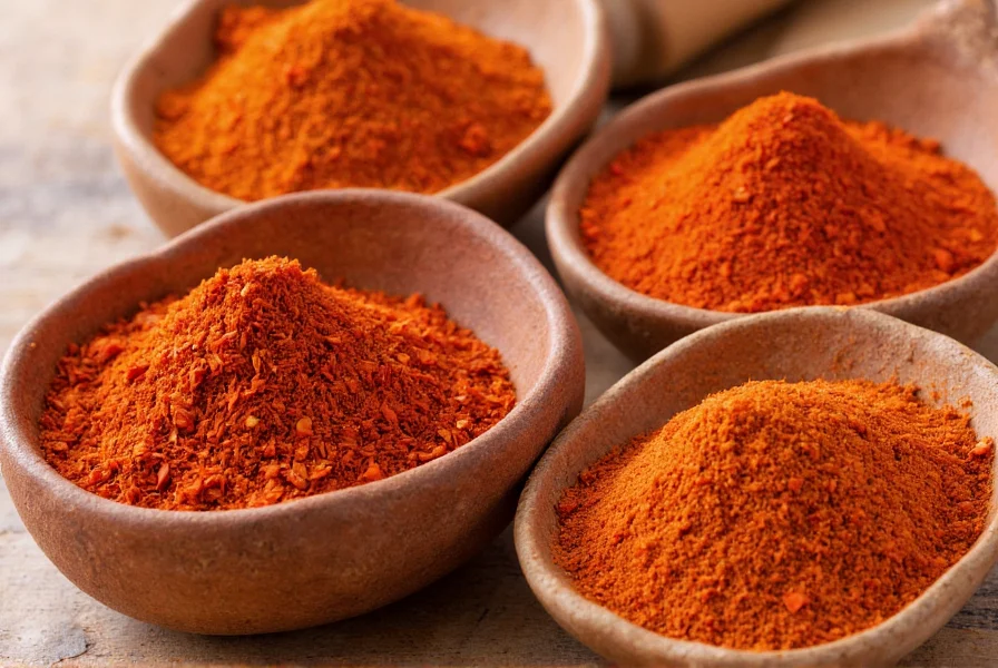 Close-up comparison of red pepper flakes next to cayenne pepper in small bowls showing texture differences