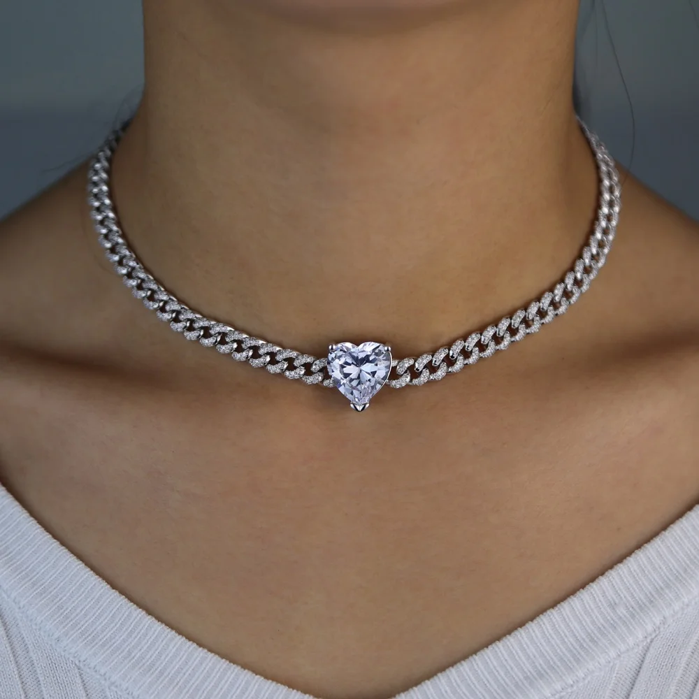 

pink heart cubic zirconia pink Miami cuban link chain choker necklace pink girl women 2020 valentines gift, Rose gold