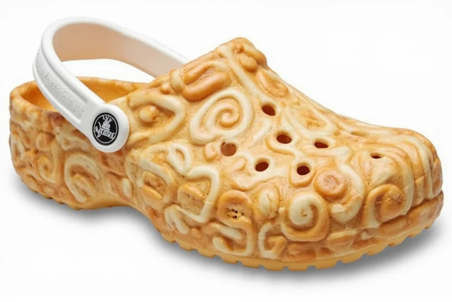 Cinnamon roll Crocs displayed alongside baking ingredients to show color matching between footwear and actual cinnamon rolls