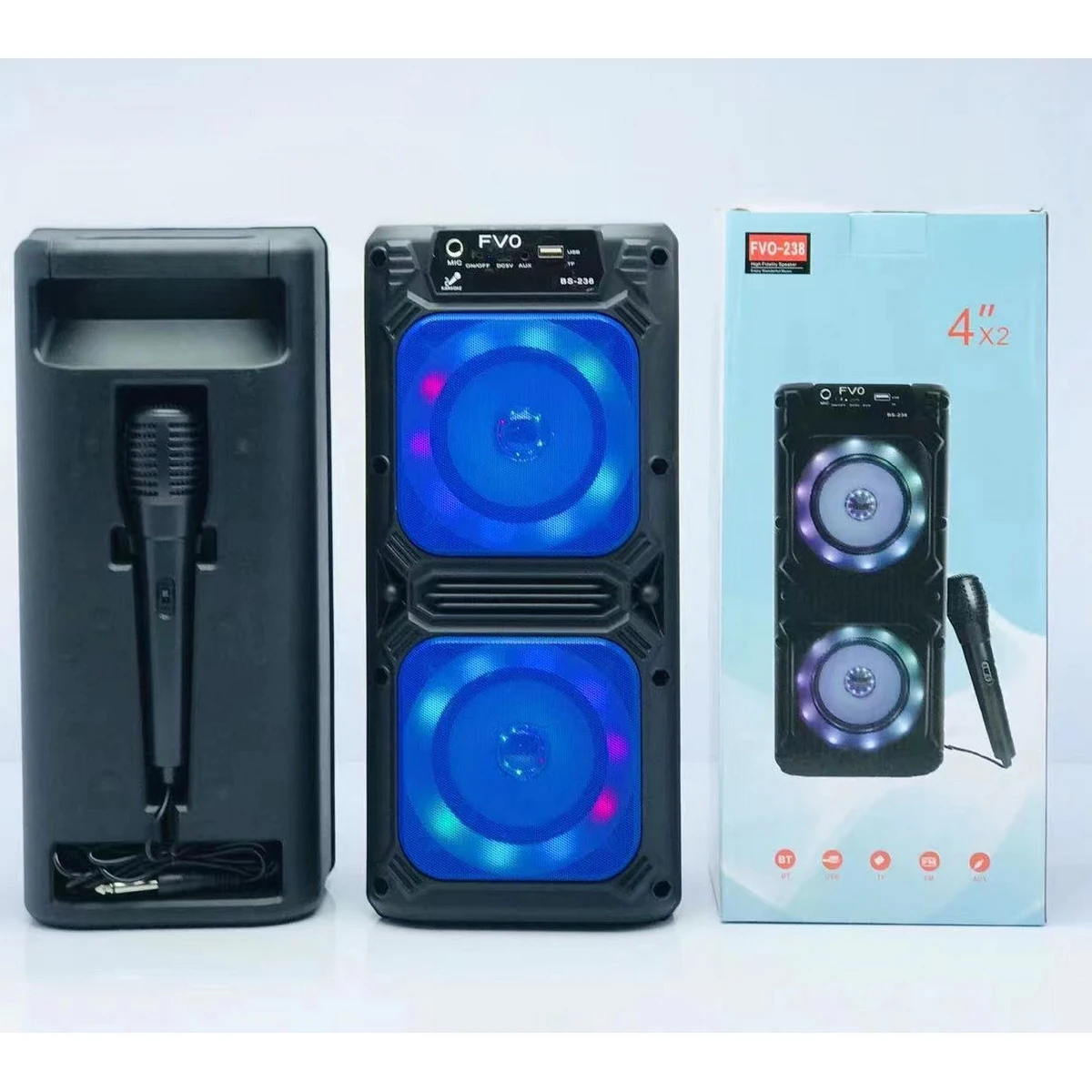 

BS-238 Best Selling Boombox KIMISO Double 4inch Horn Speaker Small Plastic Speaker With Colorful Lights