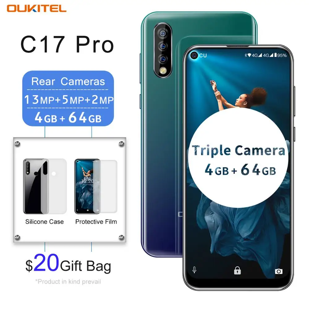 OUKITEL C17 Pro 6.35 inch Octa core 4GB+64GB Wide Angle Triple Camera 3900mah Newest blind hole screen Android 9.0 4G Smartphone