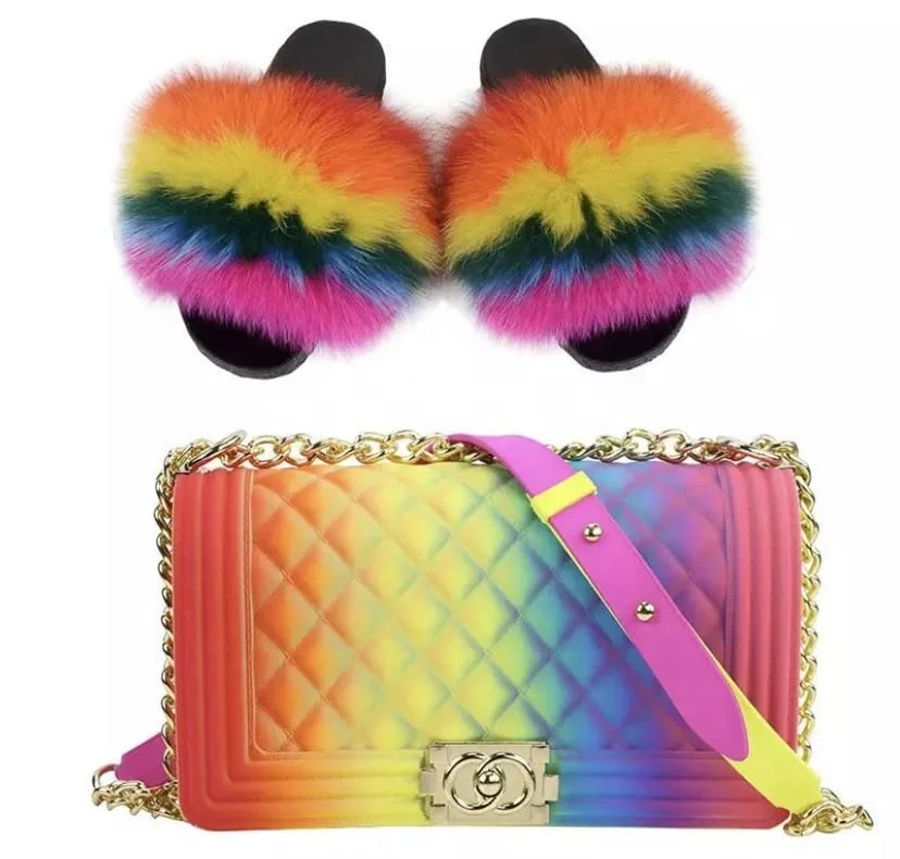 

2021 Custom ladies multi color furry fur slippers with matching purses shoes set women fur slides luxury designer handbags women