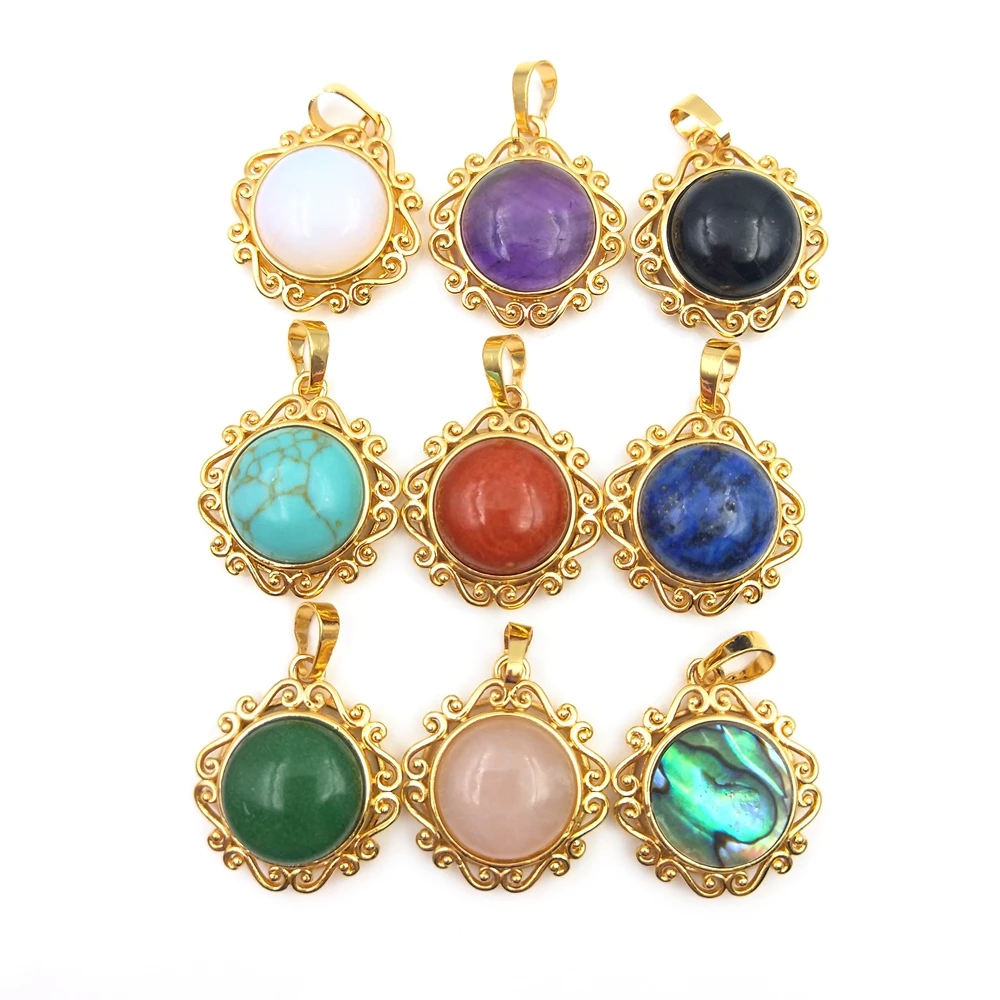 

color Cabochon gemstone vintage earrings pendant round shape stone designer necklace connector gold/silver plated women jewelry, Multi color