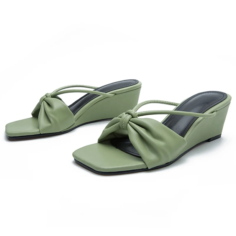 

New Summer Pleated Square Toe Wedges Women Slippers Fashion Outdoor High Heels Ladies Party Slide Shoes Green Black