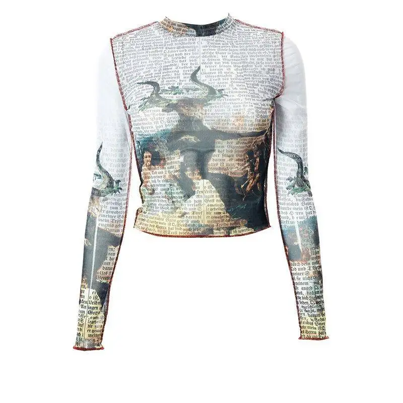 

spring 2022 women fashionable mesh top long sleeve print mesh tops sheer long sleeve shirt