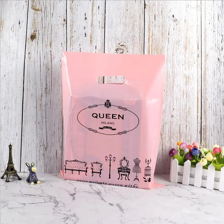
customized plastic bags printed own logo, biodegradable plastic bags pink die cut handle 
