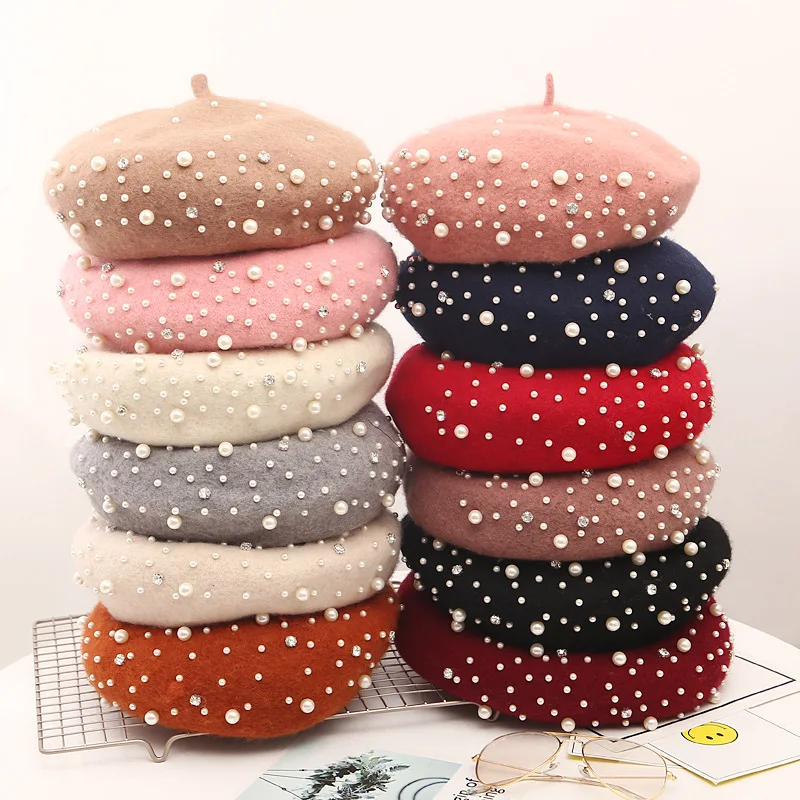 

Fashionable Pearl Rhinestone Beret Hat Women Cashmere Winter French Artist Flat Hat For Female Girls Lady Vintage Hats
