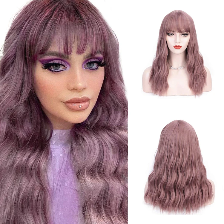 

Vigorous Purple Mixed Pink Long Wavy Wigs with Air Bangs Women's Curly Middle Part Synthetic Cosplay Wig for Girl Costume Wigs