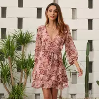 

Latest design 2020 spring autumn womens ruffle v neck long sleeve floral printed bohemia pink chiffon dress with belt