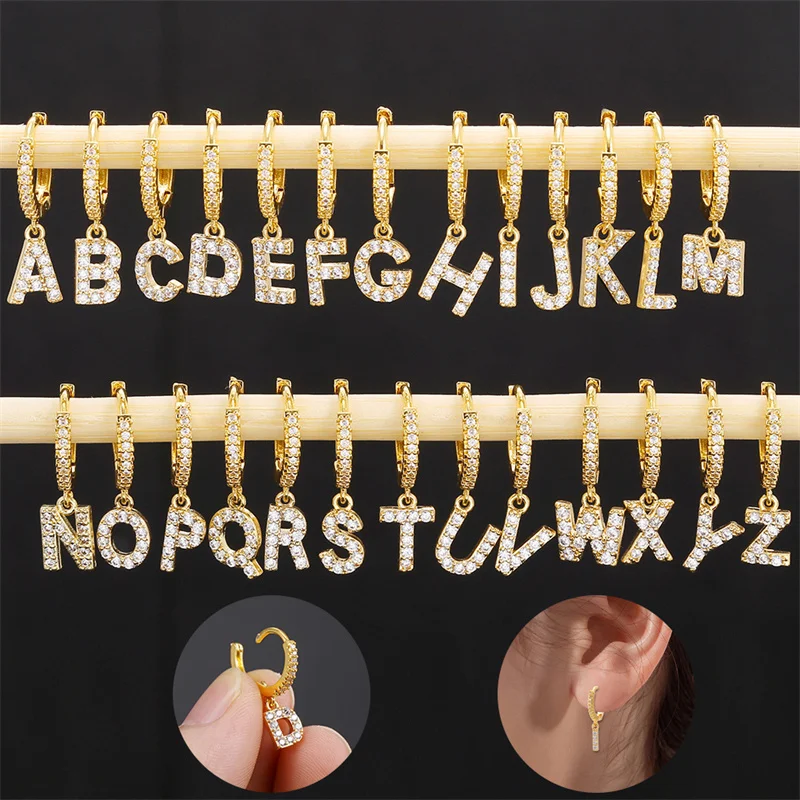 

18K Gold Plated Single 26 Letter Charms Pendants Hoop Earrings Zircon Diamond Drop Huggie Alphabet Earrings