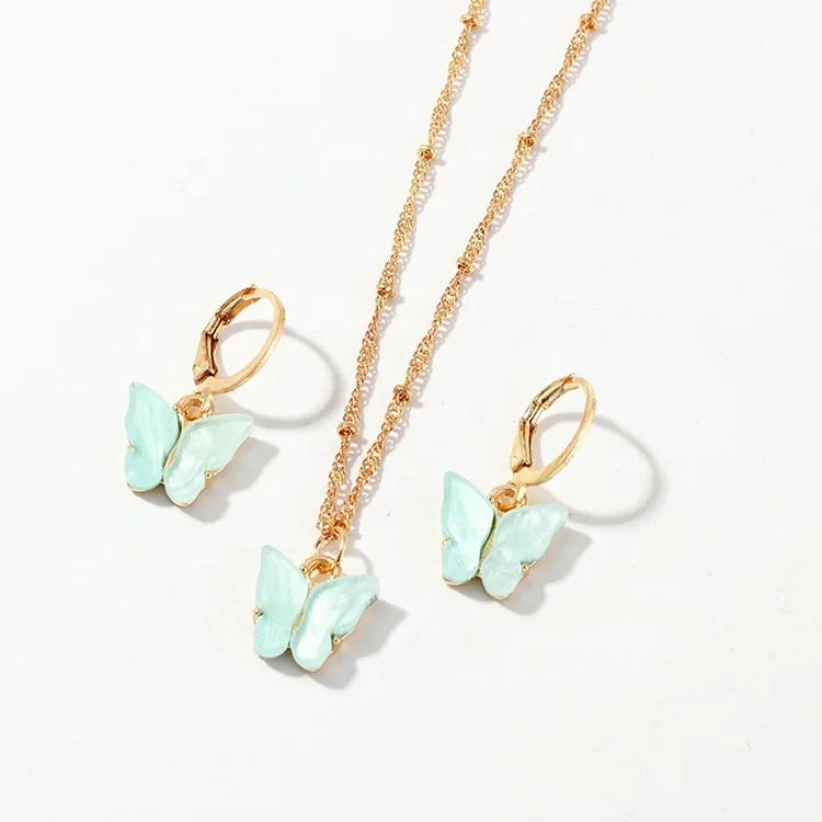 

2020 Sweet colorful acrylic butterfly necklace and earrings set, Gold color