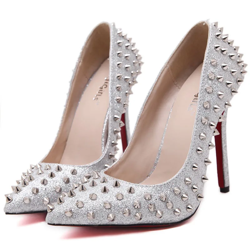 

Luxury Rivets High Heel Shoes 12cm Stiletto Heels Spikes Women Dress Shoes Red White Black Stud Wedding Shoes Bride Size 45