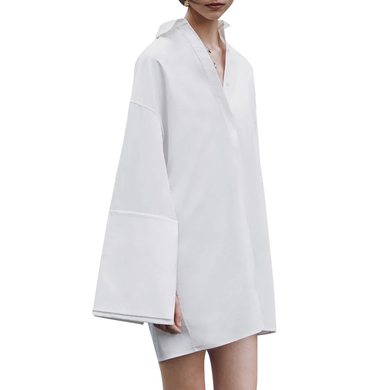

TWOTWINSTYLE Lapel Collar Side Split Long Sleeve Summer Dresses Female Fashion 2021
