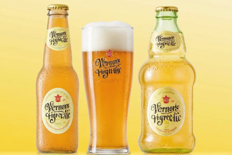 Side-by-side comparison of Vernors ginger ale bottle next to mainstream ginger ale brands showing distinctive amber color and vintage labeling