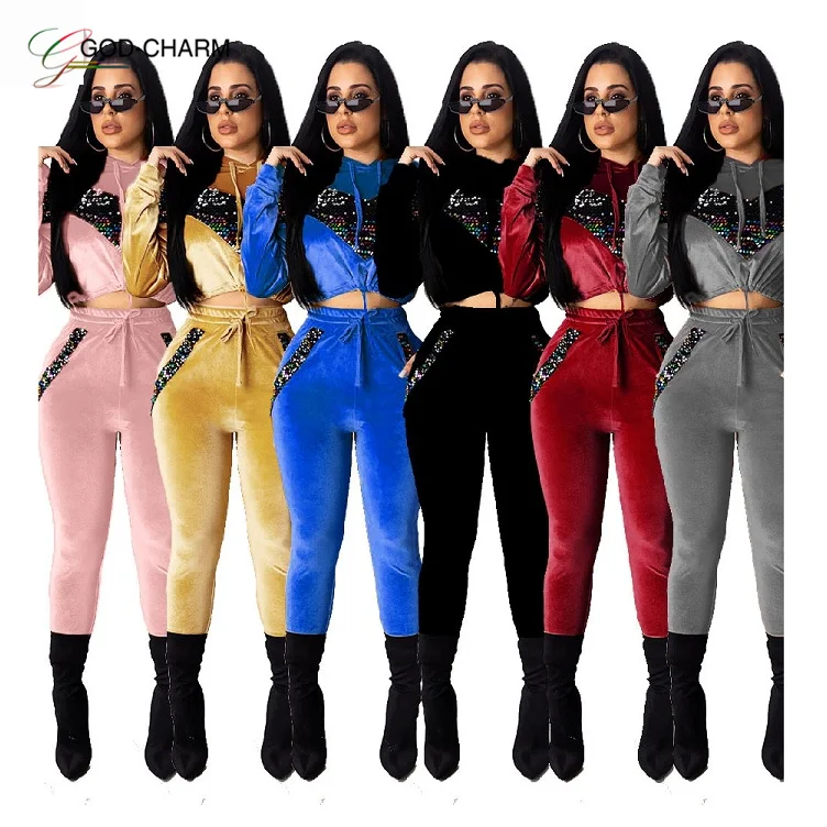 

*GC-T026 2022 new arrivals autumn solid sequin splicing Wholesale sexy drawstring suede hoodie Two Piece Pants Suit Set Woman, Pink, black, red, yellow, gray, blue