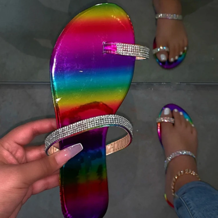 

Colorful Fashion Hot Sale Rhinestone Flip Flops Sandals Women Flat Slippers, Purple;rainbow