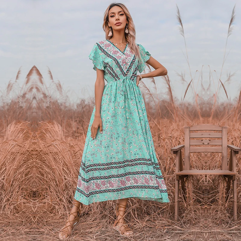 

Woman dresses fashion female vintage clothing mint green boho dress summer, Shown