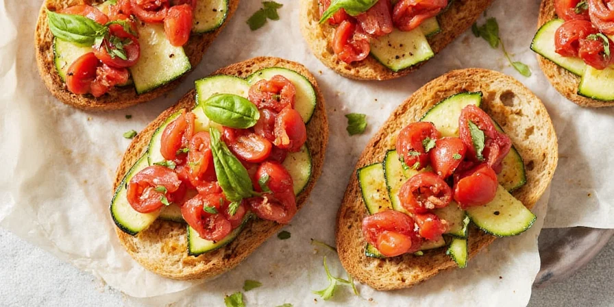 Gochujang-glazed zucchini bruschetta with sesame seeds
