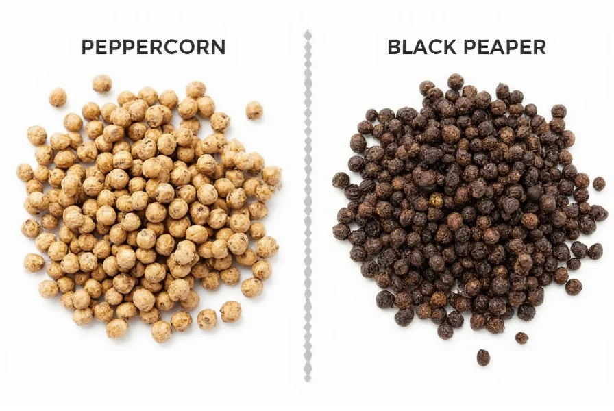 Close-up comparison of black, white, green, and red peppercorns on wooden background showing color differences and texture