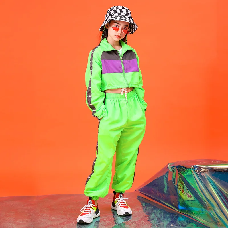 

Children Fashion Green Hip Hop Clothing Short Jacket Top Crop Coat Running Casual Pants for Girl Jazz Dance Costume Clothes Wear